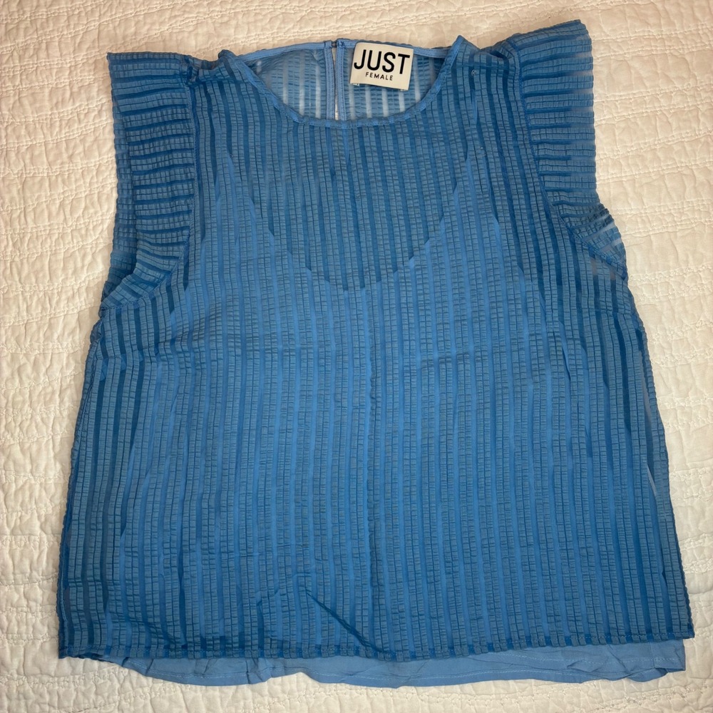 Just Female Vermont Blouse Blue Sheer Striped Ruffle Sleeve Top with cami Size S